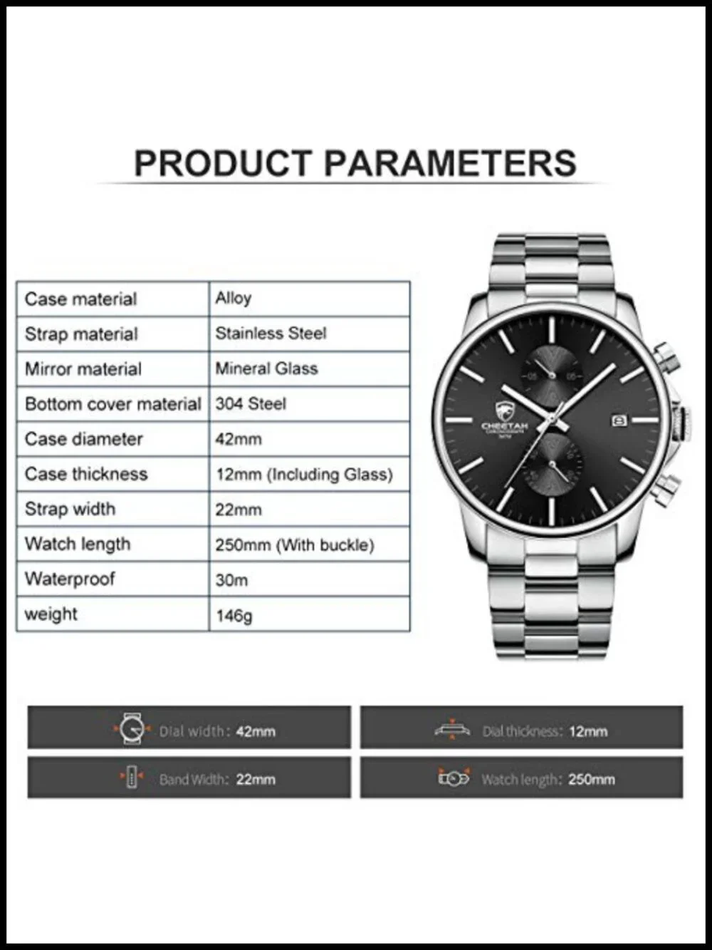 Men's Quartz Chronograph Watch Stainless Steel Waterproof 30m Auto Date